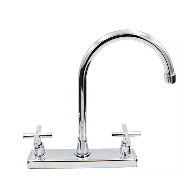 llave mezcladora fregadero alfa cromado tarja cocina 8" con charola de acero inoxidable, cuerpo de latón, cuello alto en arco y dos manerales metálicos cruzados; acabado plateado cromado sobre fondo blanco; también se usa frecuentemente en cocinas domésticas y fregaderos auxiliares.