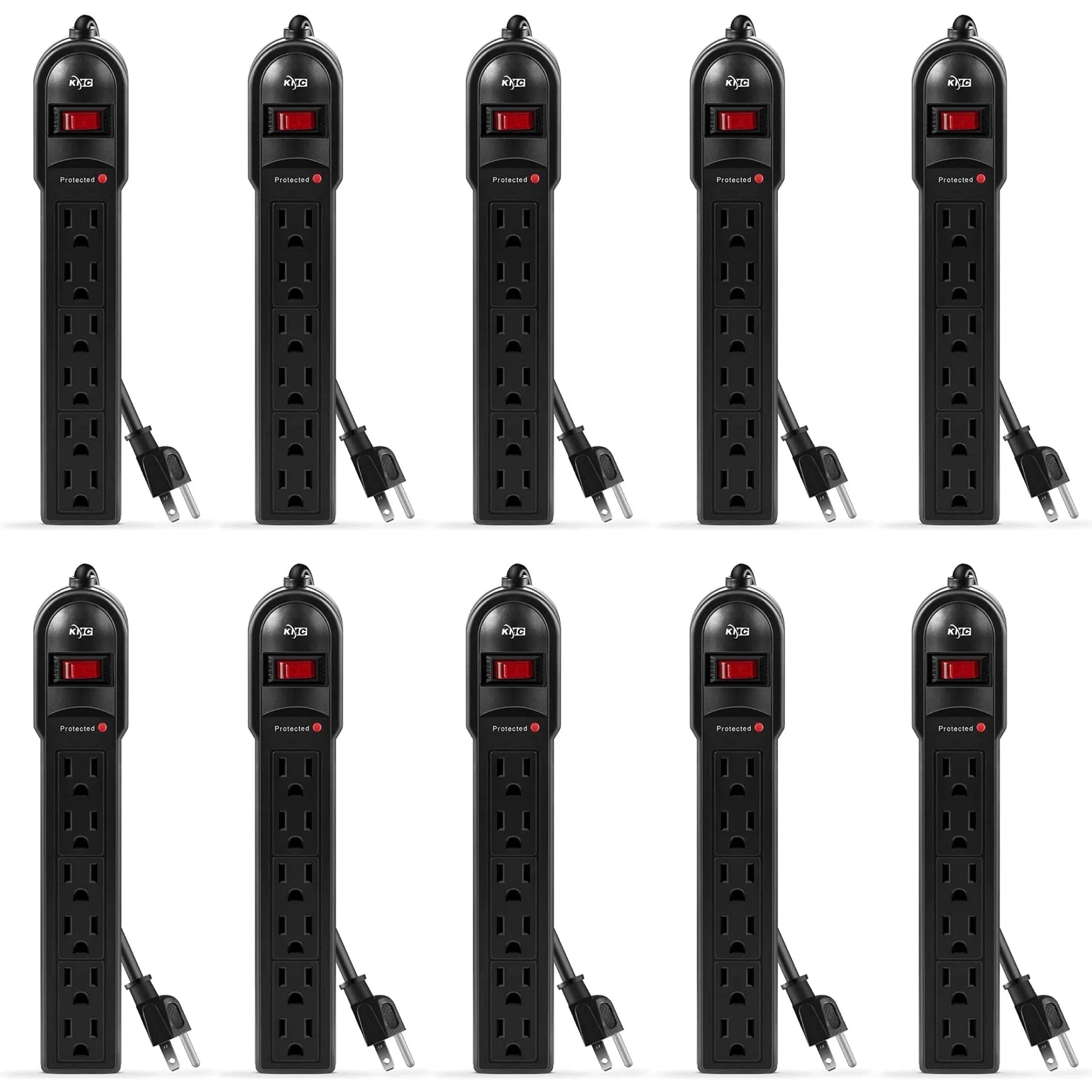 KMC Surge Protector Power Strip, 6-Outlet, 10-Pack, 2-Foot Cord, 735 Joules, Black