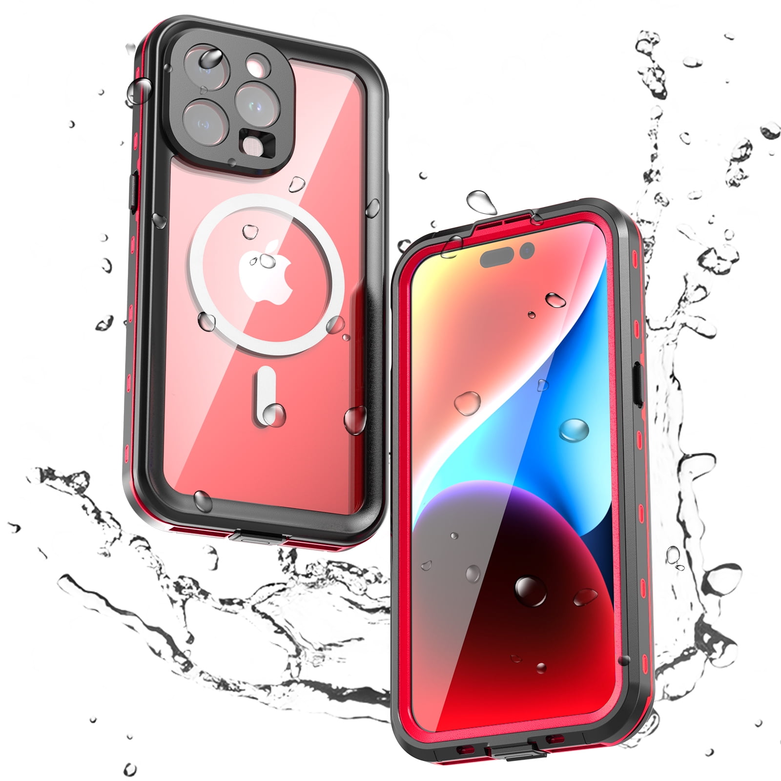 Allytechgroup Waterproof Case for iPhone 15 Pro Max, Full Body Protection Built-in Screen Protector MagSafe Wireless Charging Dustproof Shockproof Cover Case with Transparent PC, Red