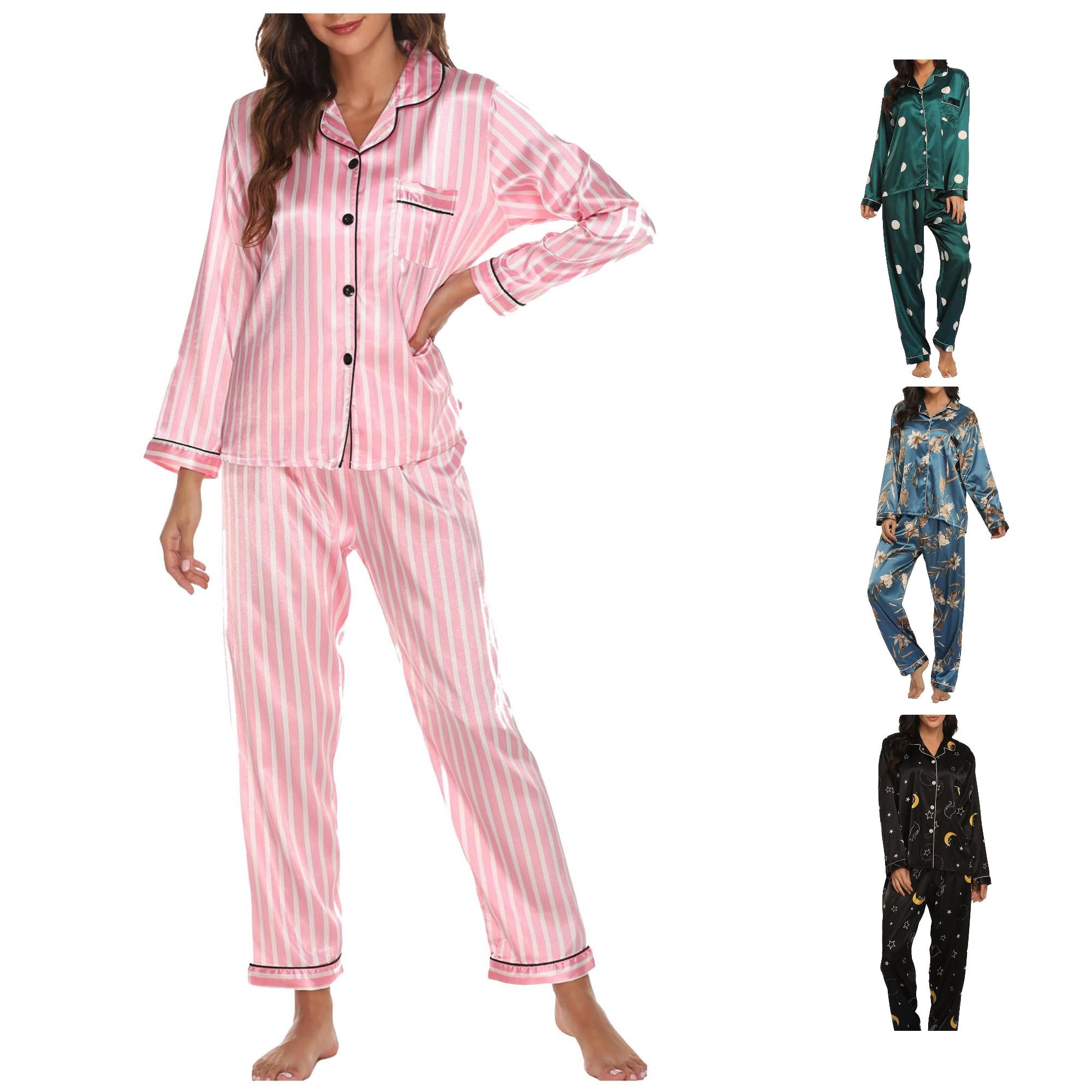 SONXAHE Womens Moon Star Cat Print Pajama Set White Piping Notch Collar Full Length Nightwear