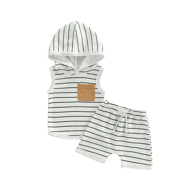 Faithtur Ensemble pour Bébé Garçon, Débardeur à Capuche Sans Manches à Rayures + Short Décontracté d'Été à Cordon