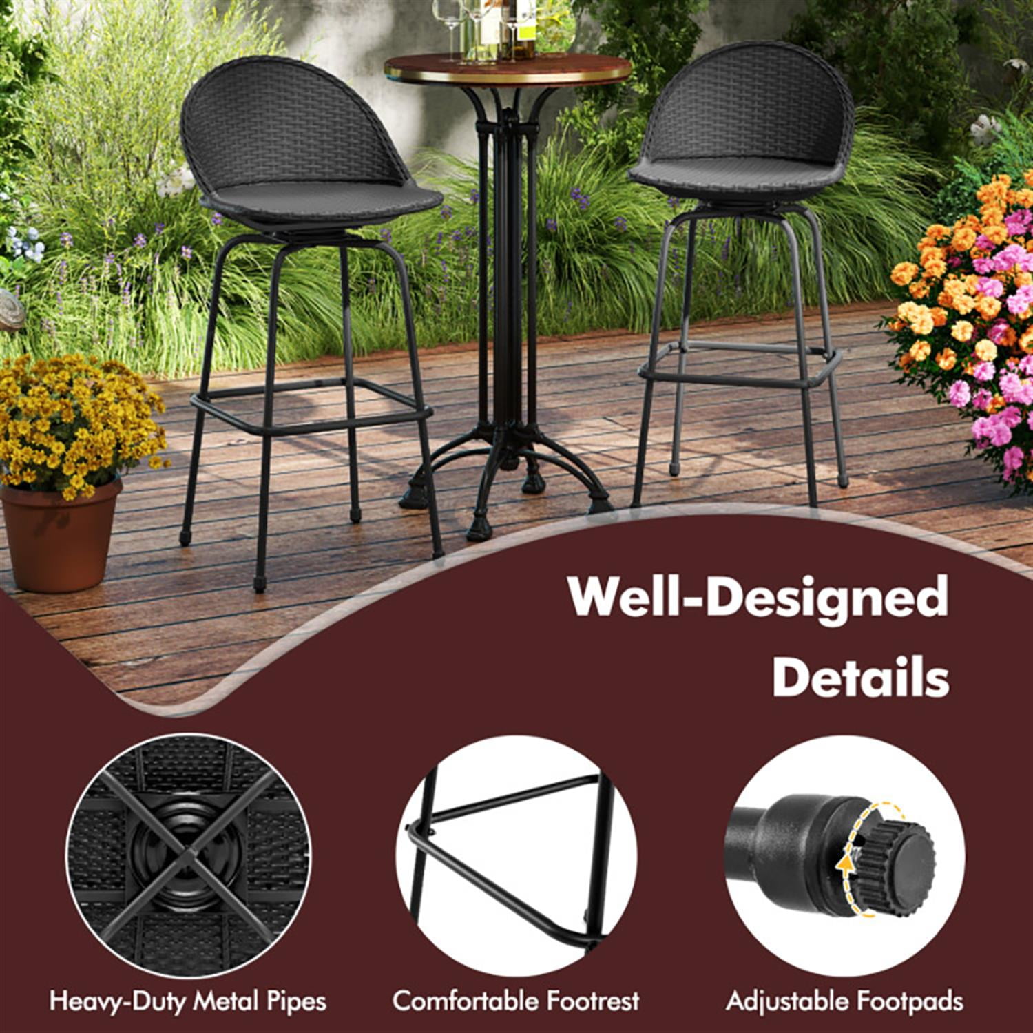 Demi Bonn Rattan Swivel Bar Stools Set of 2, Modern Counter Barstools with Curved Back, Counter Height Barstools for Bar, Kitchen and Dining Room, Black