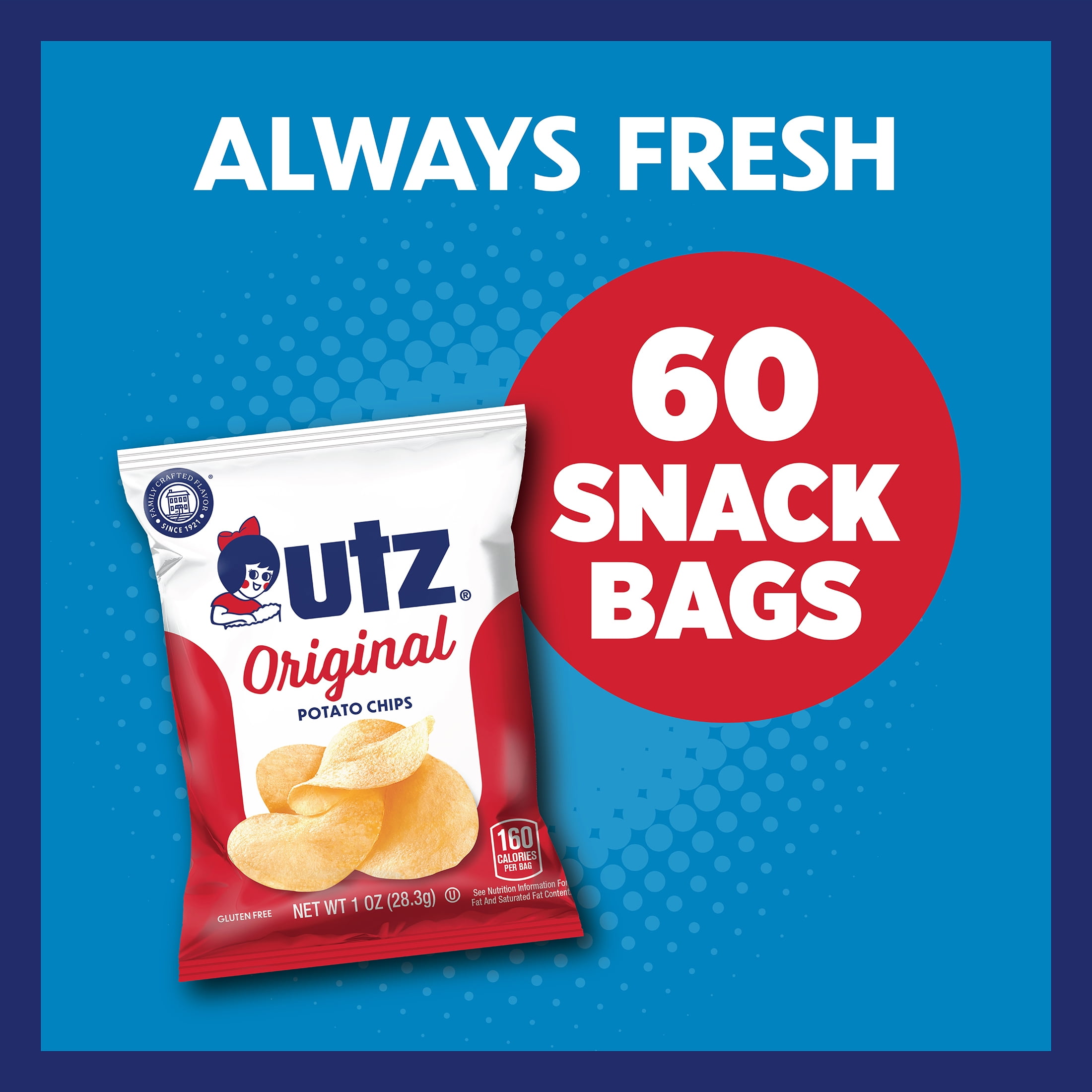 (2 pack) Utz Original Chip Snack Pack, Multipack, Gluten-Free, Potato Chips, 1 oz, 60 Count
