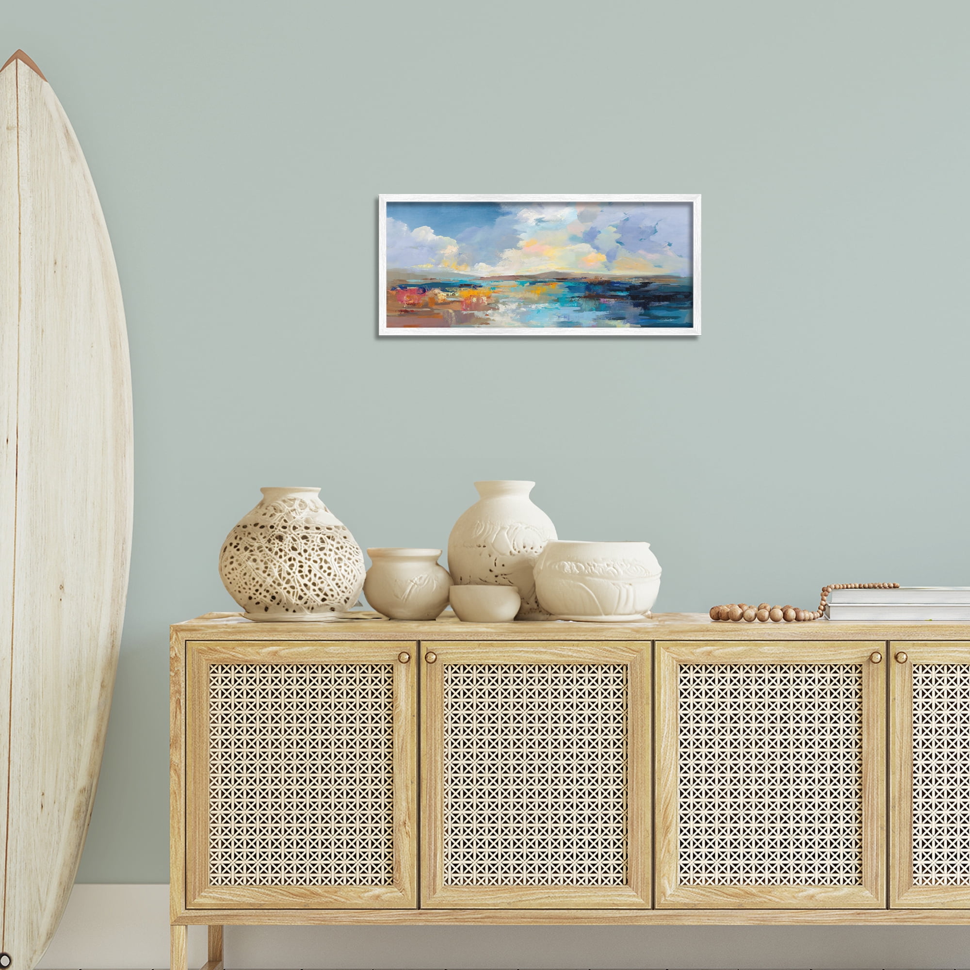 Stupell Industries Seaside Sunset Abstract Landscape Painting White Framed Art Print Wall Art, 24 x 10