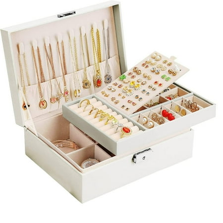 LEEYNEER Jewelry Box for Women Girls Gift Travel Jewelry Organizer Large 2 Layer with Removable Tray PU Leather Velvet Display Jewellery Holder with Lock for Necklace Earrings Rings Bra