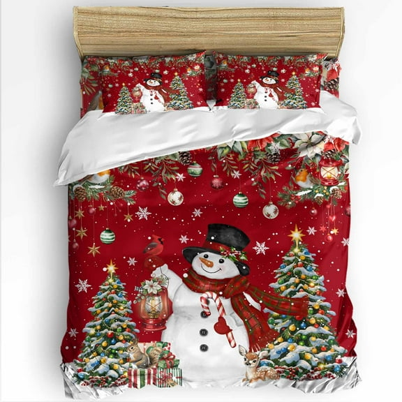 Christmas Red Snowman Queen Size Comforter Set, Xmas Tree Poinsettia Balls Winter Soft Bedding for All Seasons, 4 Pcs Bed Set with 1Comforter (90"x92") ,1 Sheet(94"x116"), 2 Pillowcases (19"x29")