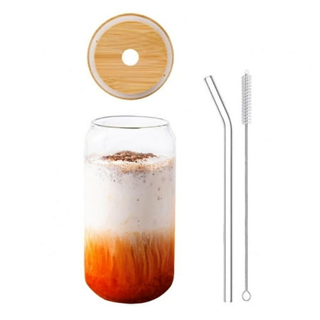 

Drinking Glasses with Bamboo Lids and Glass Straw - 16oz Can Shaped Glass Cups Ideal for Juice Cocktail Whiskey - 1 Cleaning Brushes