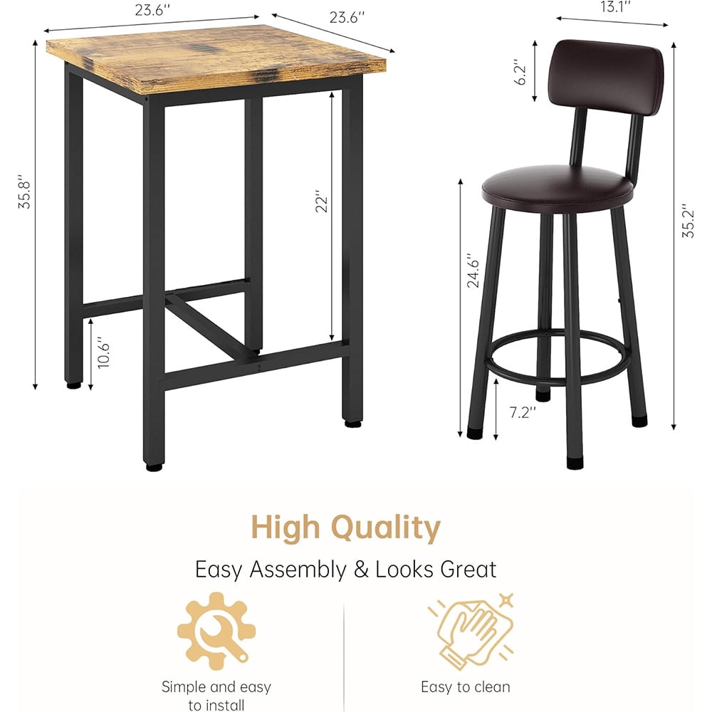 3 Piece Pub Dining Set, 24" Dining Table Set with 2 PU Leather Upholstered Stools, Square Small Space Kitchen Table Pub Set for Apartment Dining Room, Living Room (Rustic Brown)