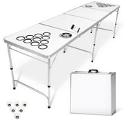 GoPong 8' Custom Dry Erase Portable Folding Beer Pong Table for Indoor Outdoor Party Drinking Games, 6 Balls Included, White