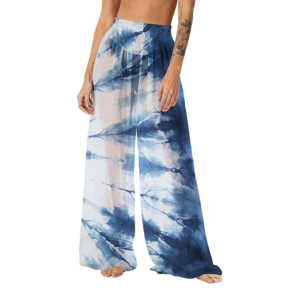 Levmjia Women's Bohemian Beach Pants Sheer Print Lightweight Sunscreen Cover-Up Palazzo Pants, 100% Polyester Pearl Chiffon Loose Wide Leg Pants for Summer Vacation (S-2XL)