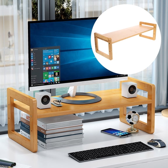 BESTYASH Khaki Bamboo Monitor Riser Stand for Computer Screen Holding with Multi Functional Desk Organizer