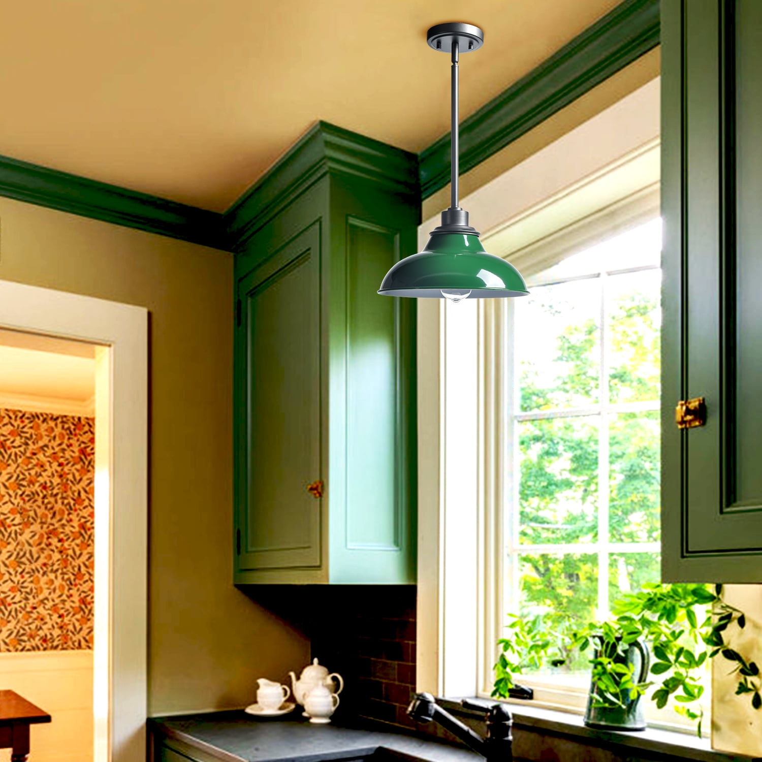 Claxy Green Barn Style Pendant Light Fixtures with Dark Grey Rods