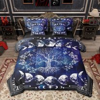 Homewish Bohemian Life Tree Bedding Comforter Set 7pcs, Mystic Navy Moon Planet King Bedding Sets, Western Tribal Hippie Reversible Bed Sheets, Super Cozy Room Decor