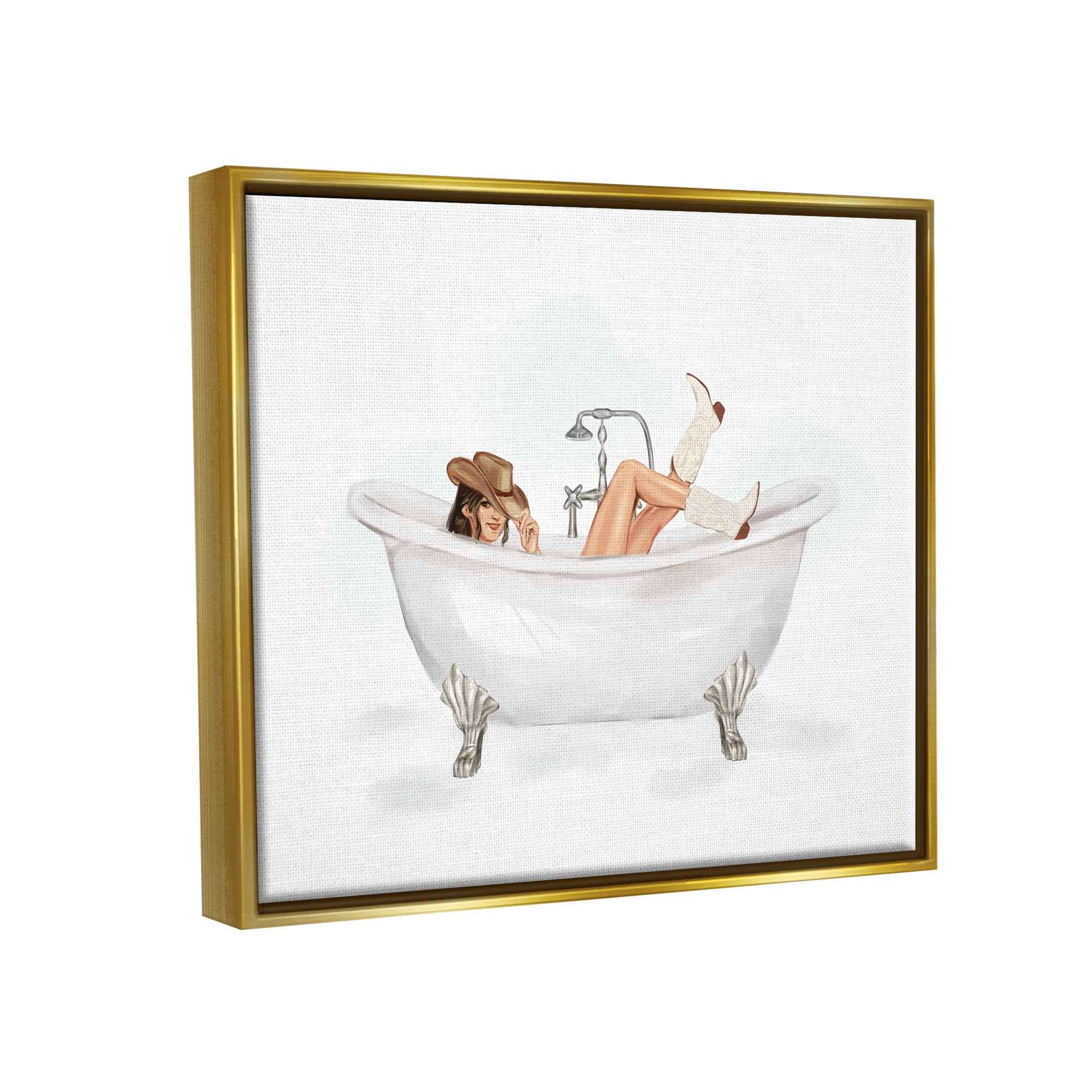 Stupell Industries Cowgirl in Bathtub Typography Painting Gold Floater Framed Canvas Art Print Wall Art, 31 x 25