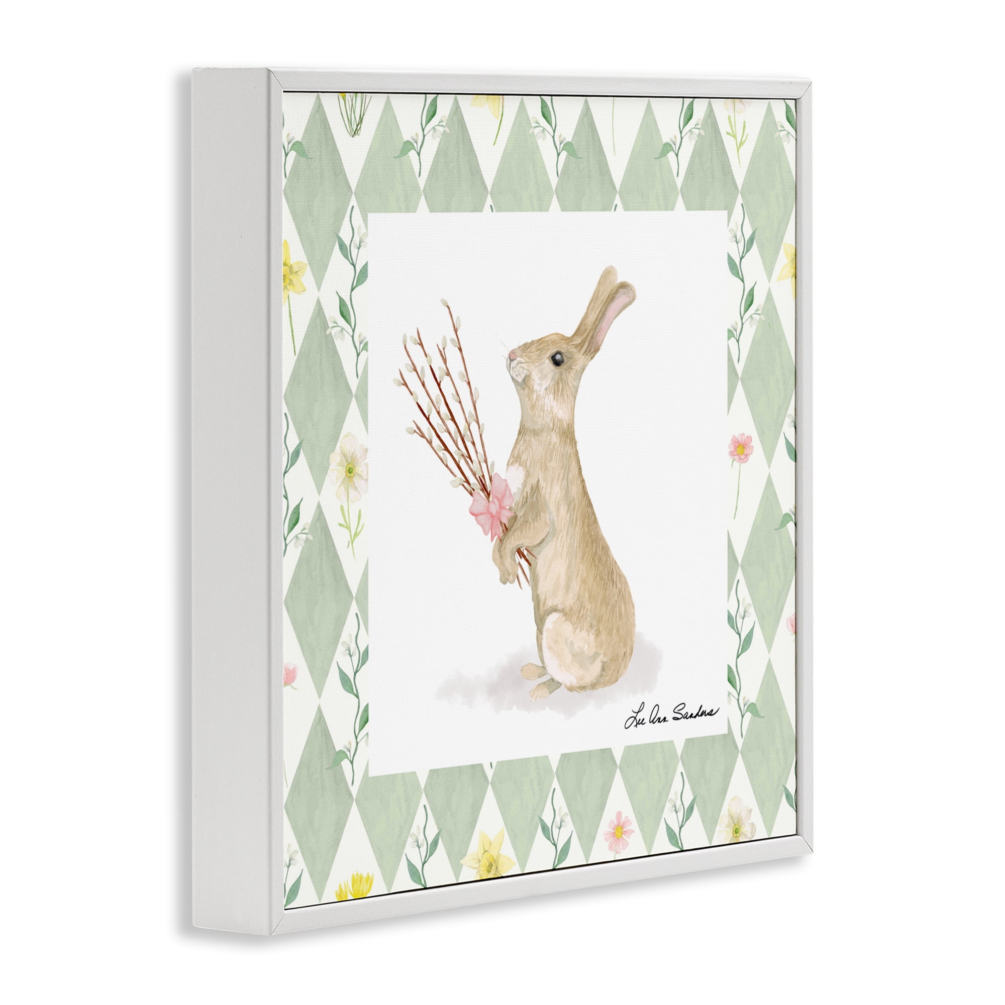 Bouquet Bunny on Green Argyle White Framed Giclee Art, design by Lee Ann Sanders