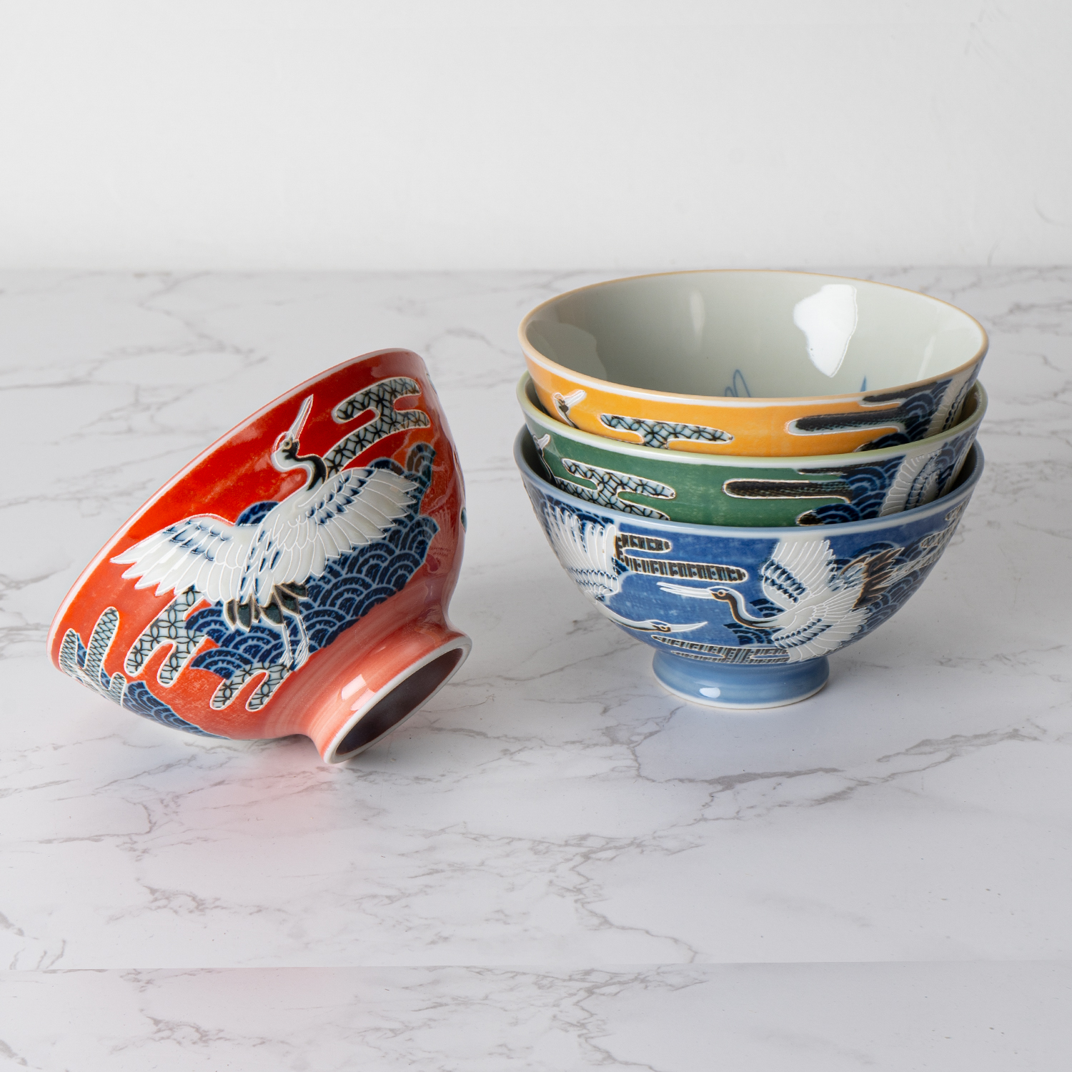 Authentic Japanese Rice Bowl Set 4 Piece Japanese Crane Design 4.5 Inch D Soup Bowls Minoware Porcelain Made In Japan