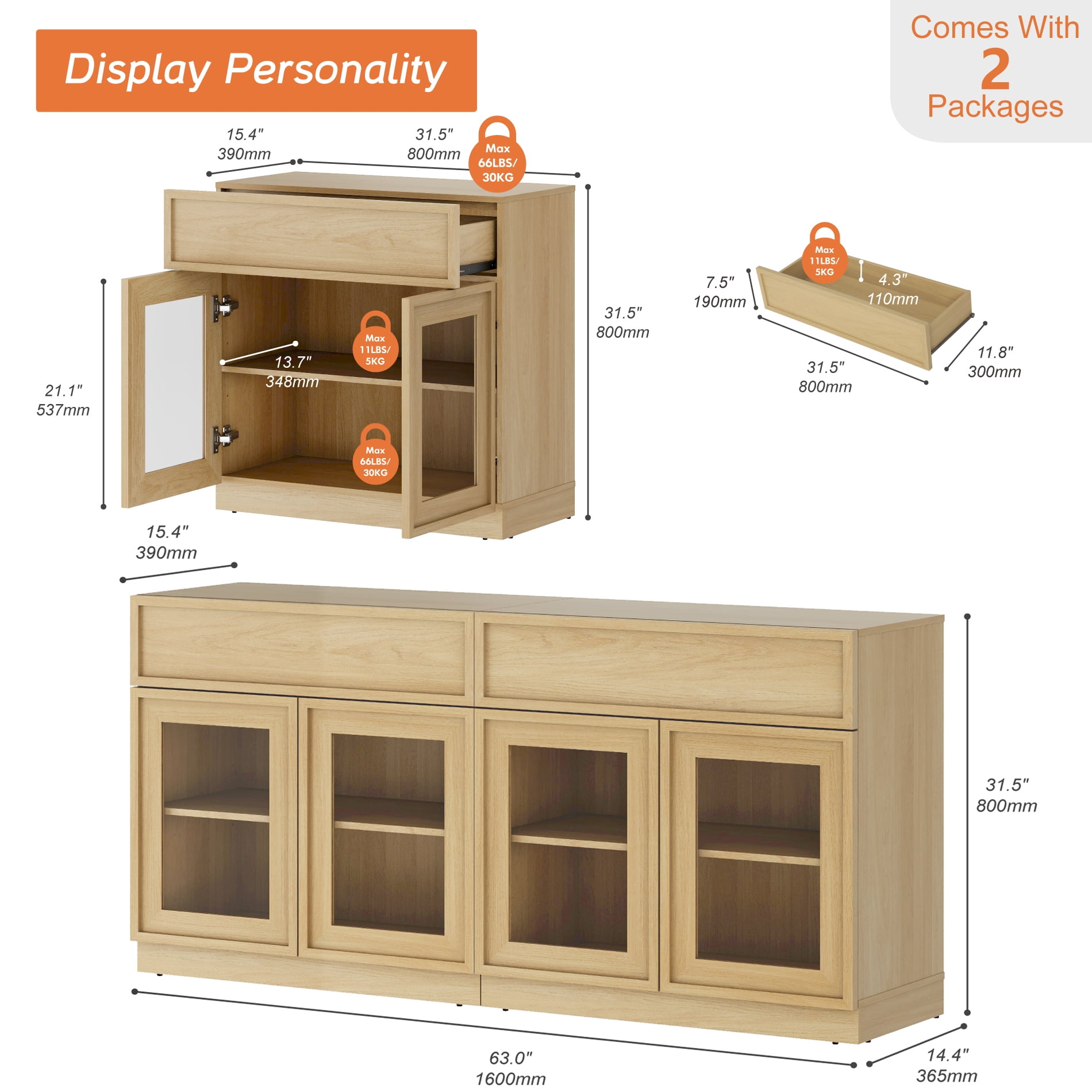 63" Modern Sideboard Buffet Cabinet with 4 Glass Doors and Drawers, Multifunctional Sideboard with Large Storage and Adjustable Shelf, Oak