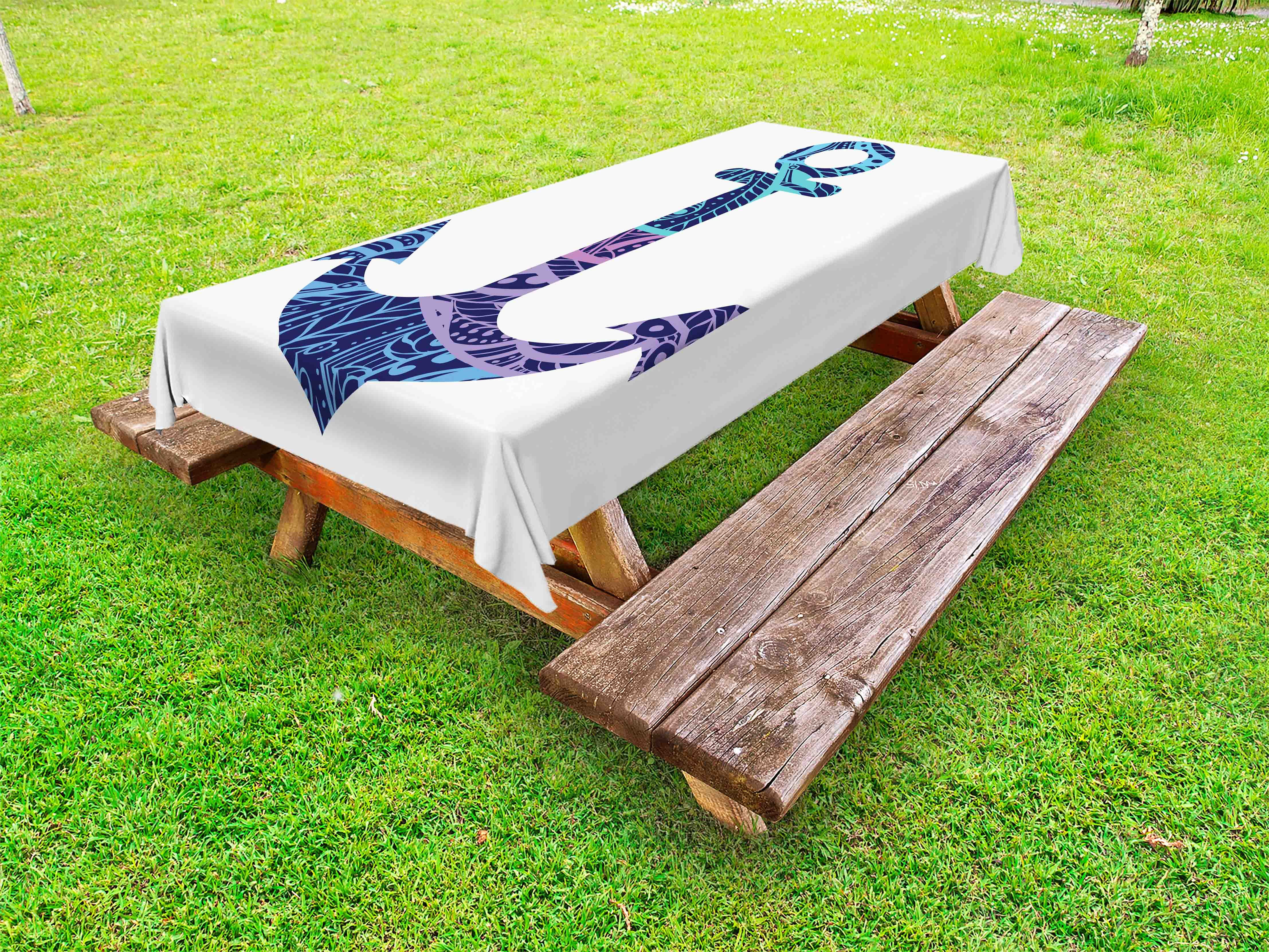 Aperturee Blue Marine Sketch Rectangle Tablecloth, Ocean Anchor Steering Wheel Table Cover, Summer Beach Party Decor