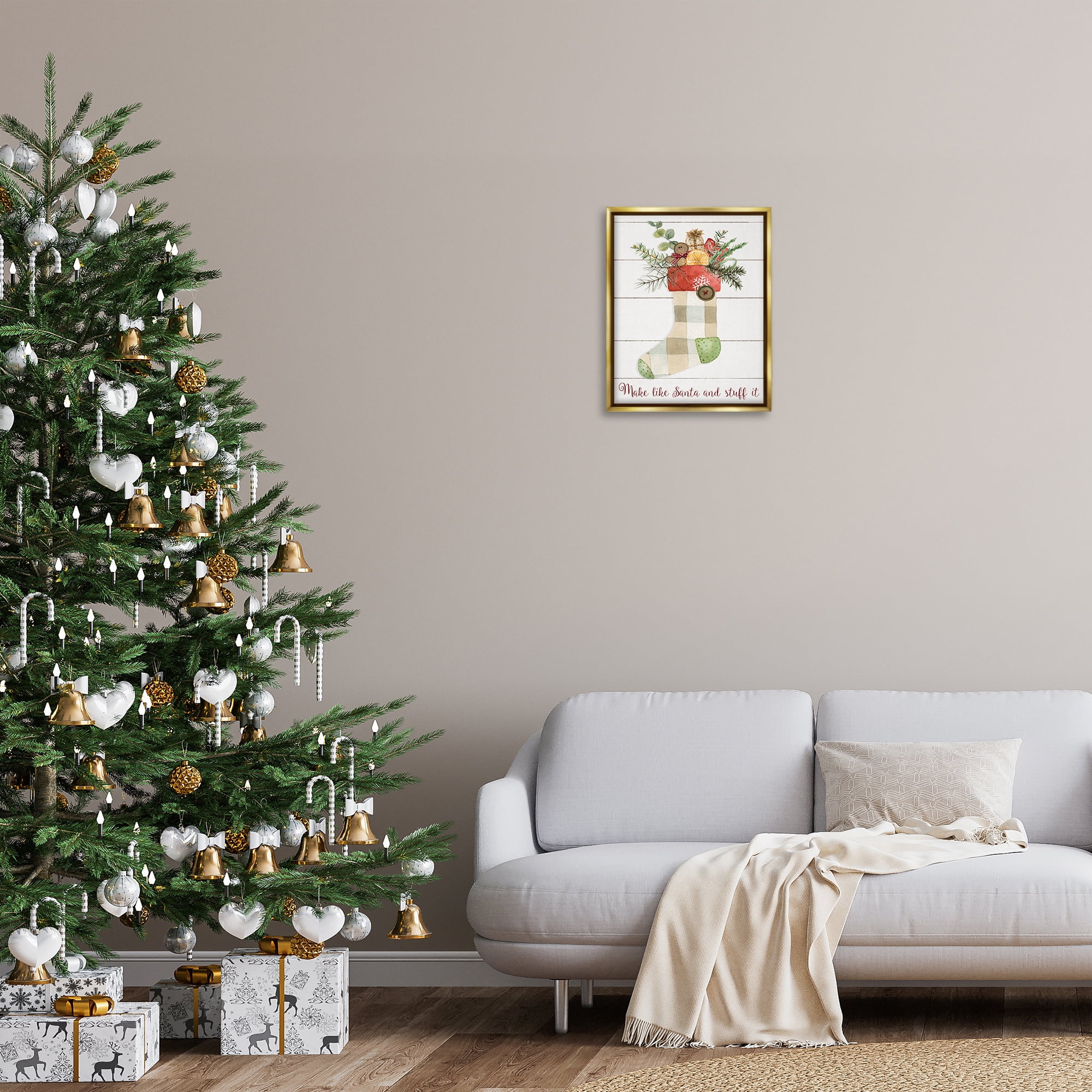 Stupell Industries Plaid Christmas Stocking Holiday Painting Gold Floater Framed Canvas Art Prints Wall Art, 17 x 21