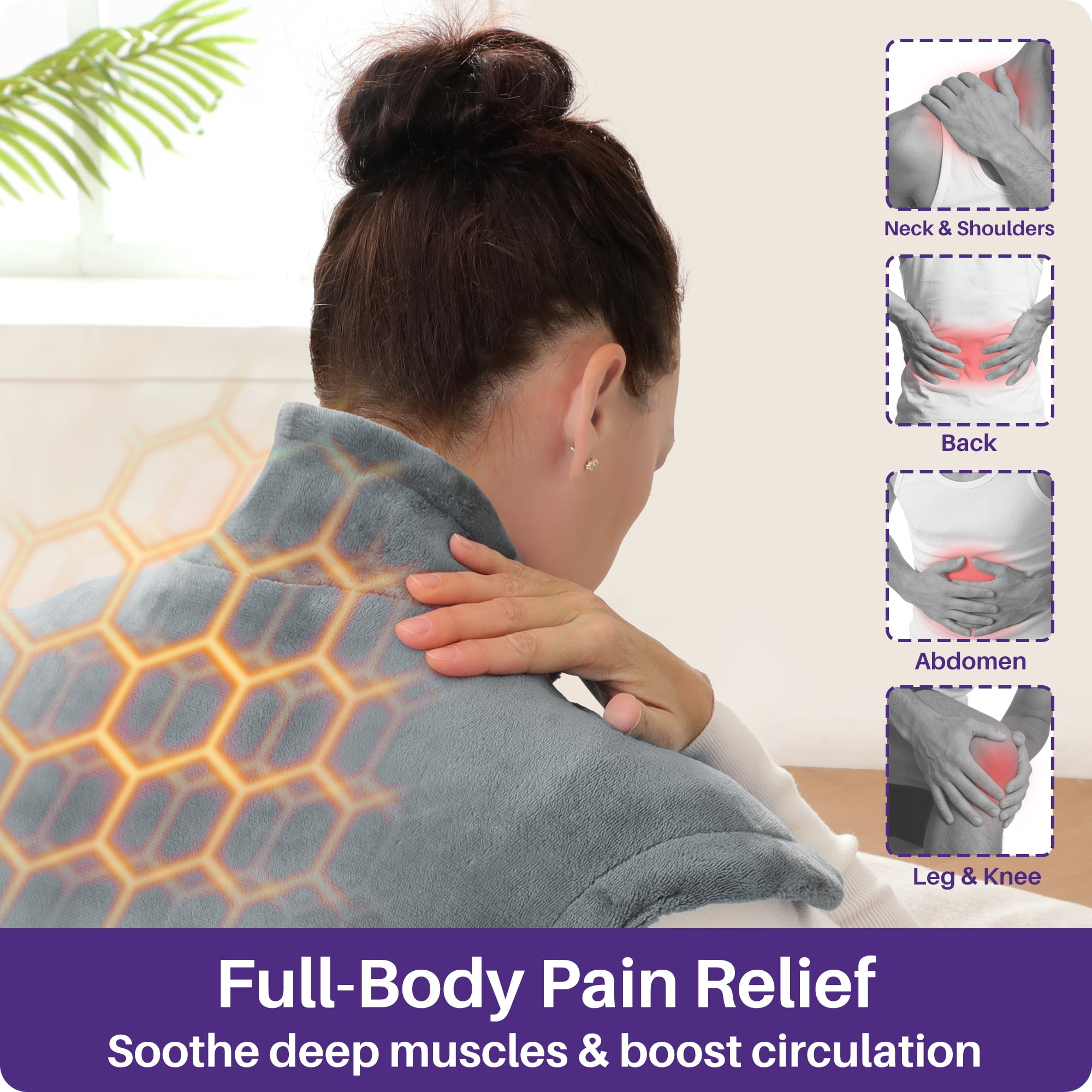 KEKOY Heating Pad for Back, Neck & Shoulders Pain Relief, Wearable Electric Heat Pad with Detachable Belt, 4 Heat Settings, 2-Hour Auto Shut-Off, Fast Heating, 24"x33", Gray