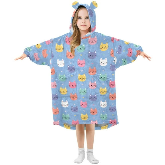 Wearable Blanket Hoodie for Kids Cat Flannel Hooded Blanket with Pockets and Sleeves Suitable for Boys and Girls