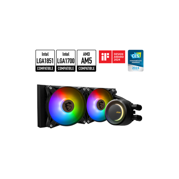 MSI MAG CORELIQUID E240 CPU Liquid Cooler, 240mm Radiator, Dual 120mm ARGB Fans, Fluid Dynamic Bearing (FDB)