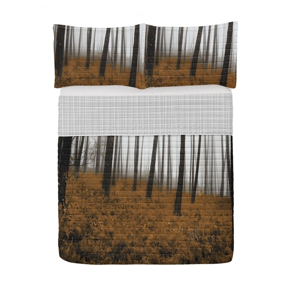 Forest Reversible Bedspread Set, Fantasy Woodland Under Heavy Fog Tall Trees Bushes Contrast Colors, Pillow Shams & Comforter Microfiber Bedding Set, 3 Sizes, Caramel Dark Taupe, by Ambesonne