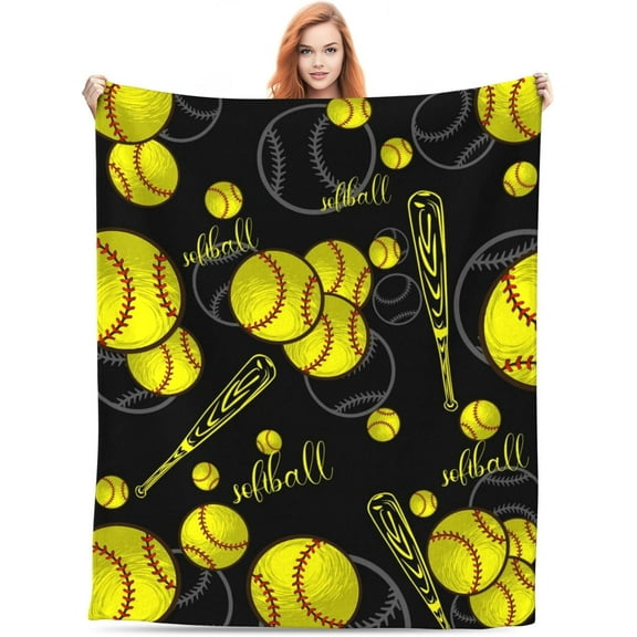 Softball Blanket "40x50" Softball Fannel Fleece Plush Blanket for Couch Bed Sofa Home Decor Gifts for Boys Kids Adult Teen Sport Fans Black