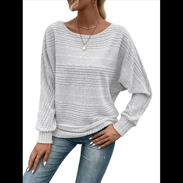 Blusas de Larga Suaves para Mujer, Cuello Redondo, Estilo Jersey, Informales, de Punto, con de Murciélago, Grandes, 2025 Gris S