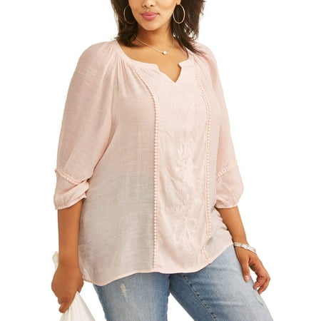 - Women's Plus Size Peasant Embroidered Blouse