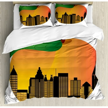 Georgia Duvet Cover Set Queen Size, City Skyline Night Silhouette Inside a Peach, Decorative 3 Piece Bedding Set with 2 Pillow Shams, Fern Green Apricot Charcoal Grey and Dark Salmon, by Ambesonne