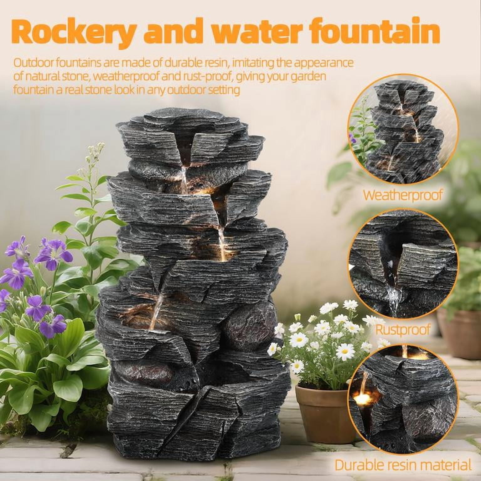 Outdoor Rock Waterfall Fountain, 3-Tier Cascading Fountain with LED Warm Light, Natural Stone Look Resin Fountain for Garden Patio Yard Porch Decor