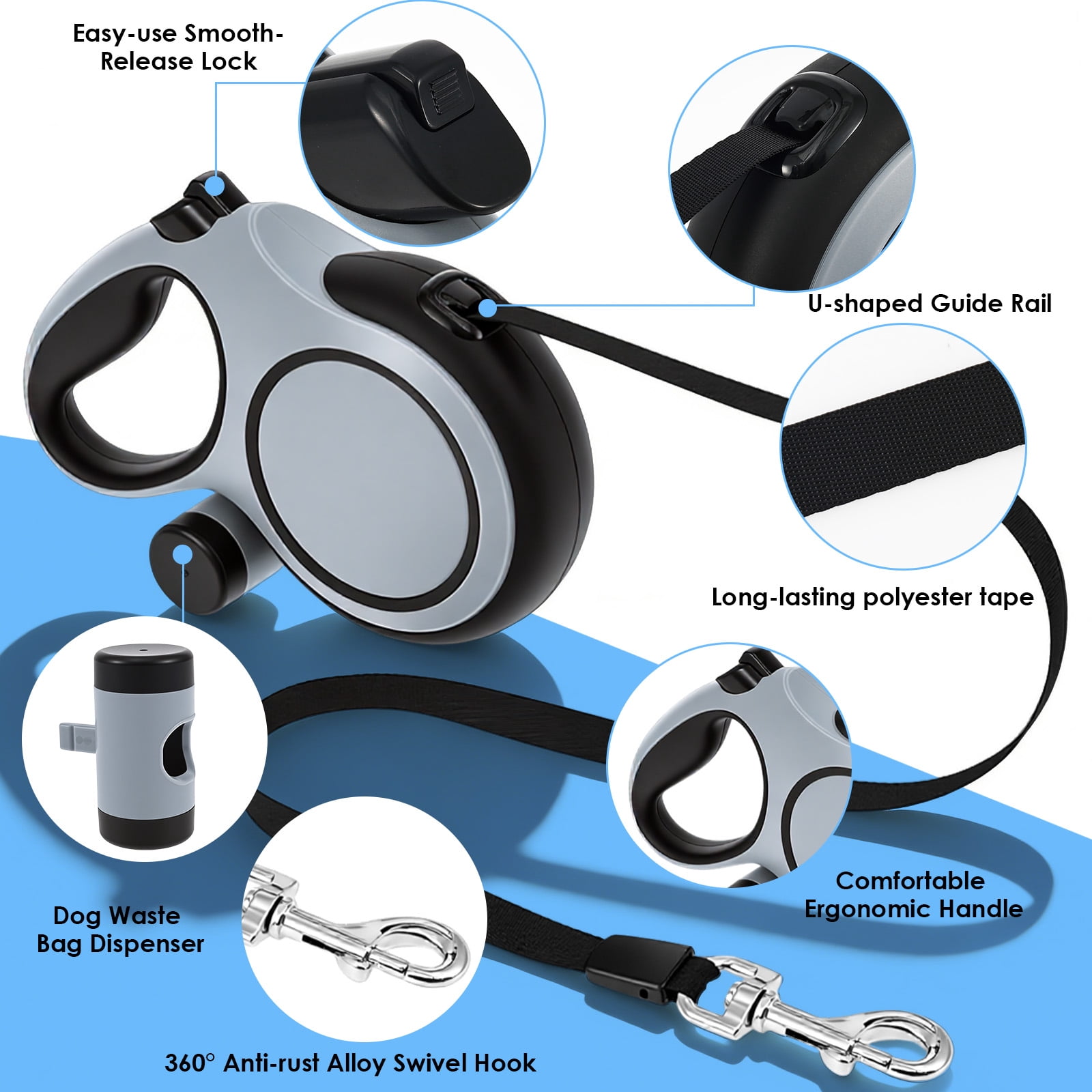 Threns Retractable Dog Leash,26 ft Heavy Duty Dog Leash for Dogs up to 110lbs,Pet Walking Leash with Waste Bag,Strong Nylon Tape,No Tangle,One-Handed Brake,Pause,Lock