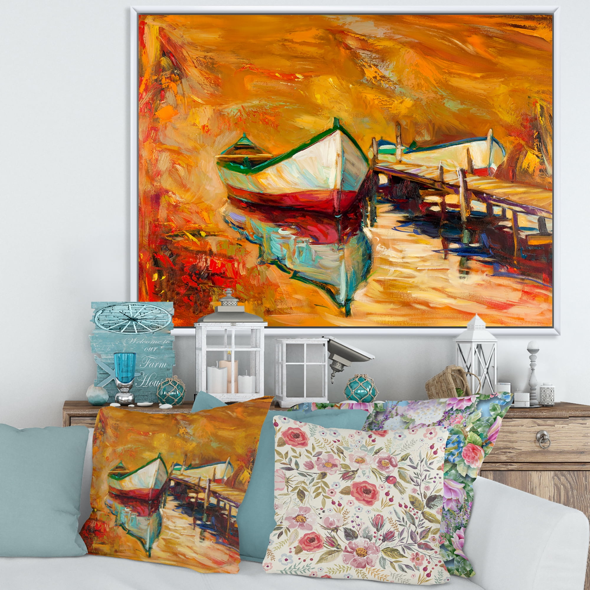 Designart 'Red and White Boats By The Pier' Nautical & Coastal Framed Canvas Wall Art Print