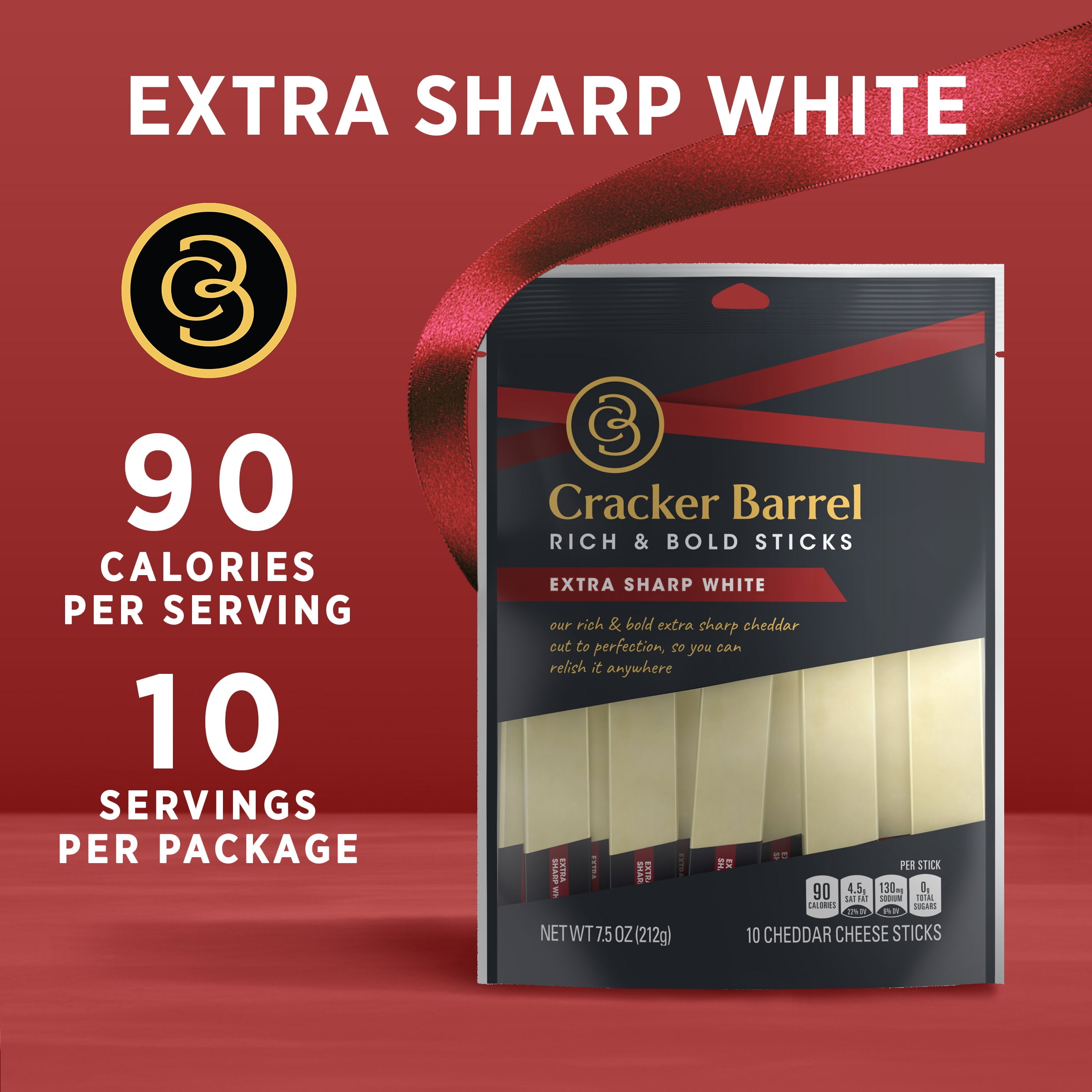 Cracker Barrel Rich & Bold Extra Sharp White Cheddar Cheese Snacks, 10 Ct Sticks