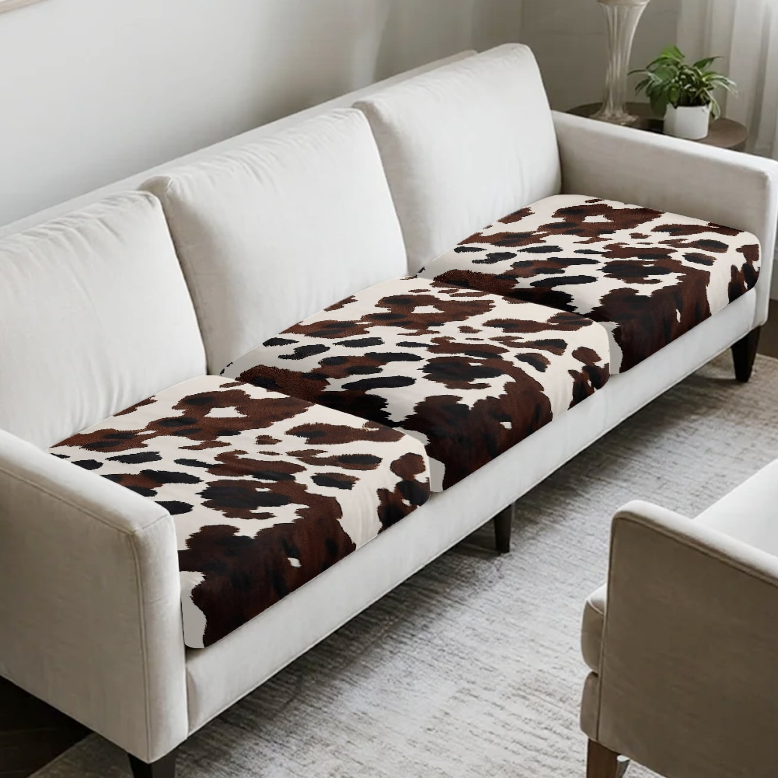 COEQINE Sofa Cushion Cover with Elastic Bottom, Soft Sectional Couch Cushion Slipcover Washable Individual Seat Slipcover Non-Slip Dog Couch Cover, 3 Pieces, Black Brown Cow Print
