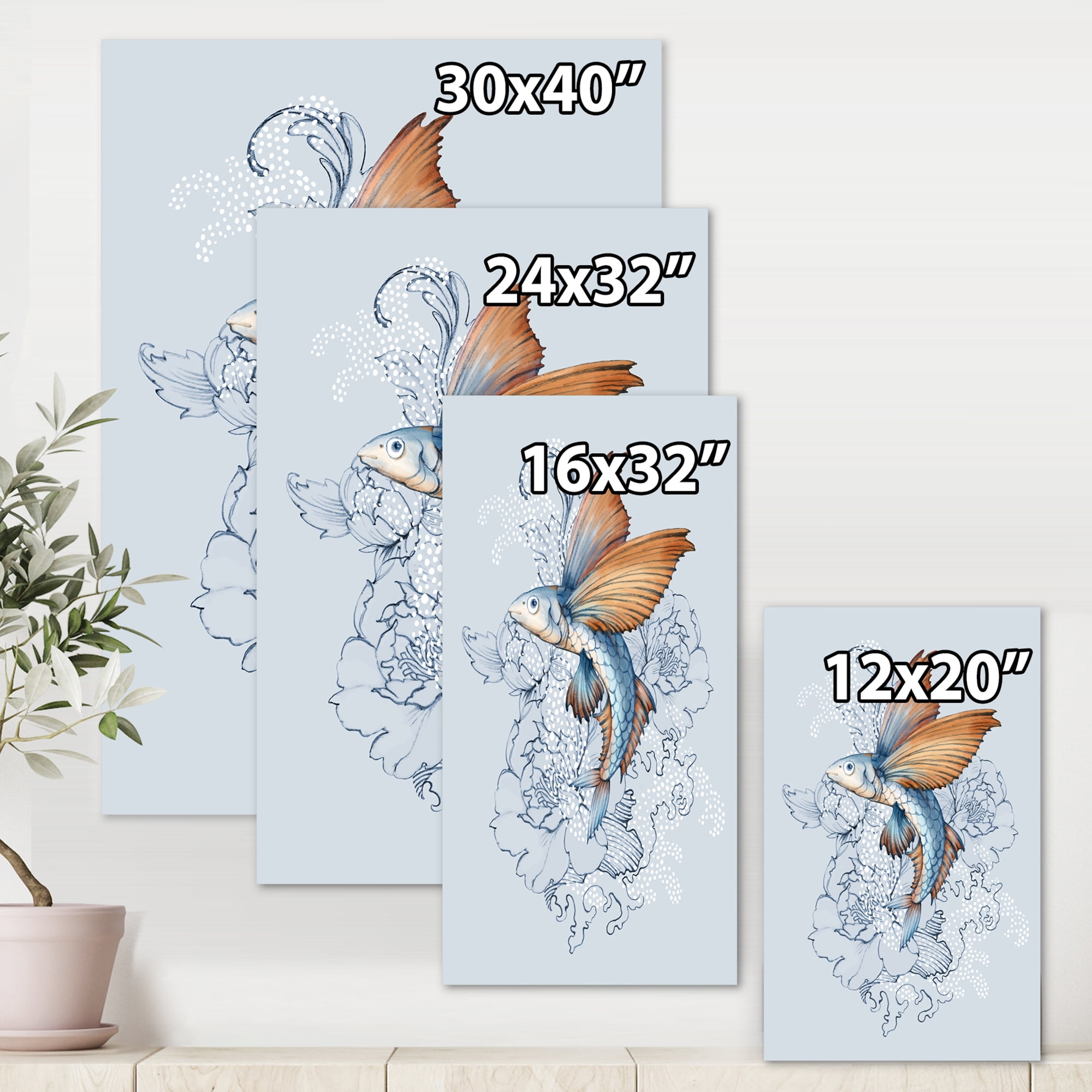 Flying Fish and Peonies 30 in x 40 in Painting Canvas Art Print, by Designart