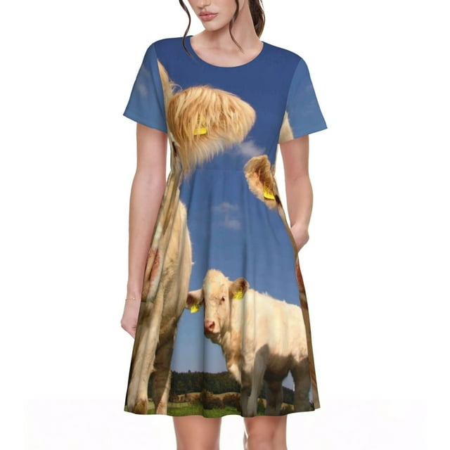 Saiise Robes d'Été Motif Vaches pour Femmes T-Shirt Décontracté Manches Courtes Robe de Plage Florale avec Poches