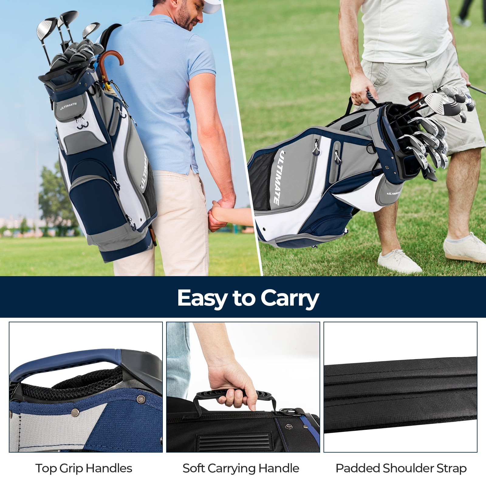 Topbuy Golf Cart Bag Top Golf Clubs Organizer with Pockets Including Waterproof Valuable Pockets Rain Hood and Shoulder Strap Navy + Gray