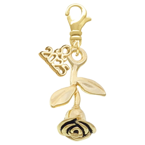 Delight Jewelry Gold-tone Stemmed Rose - Gold-tone Clip on Charm with Mini Year 2025