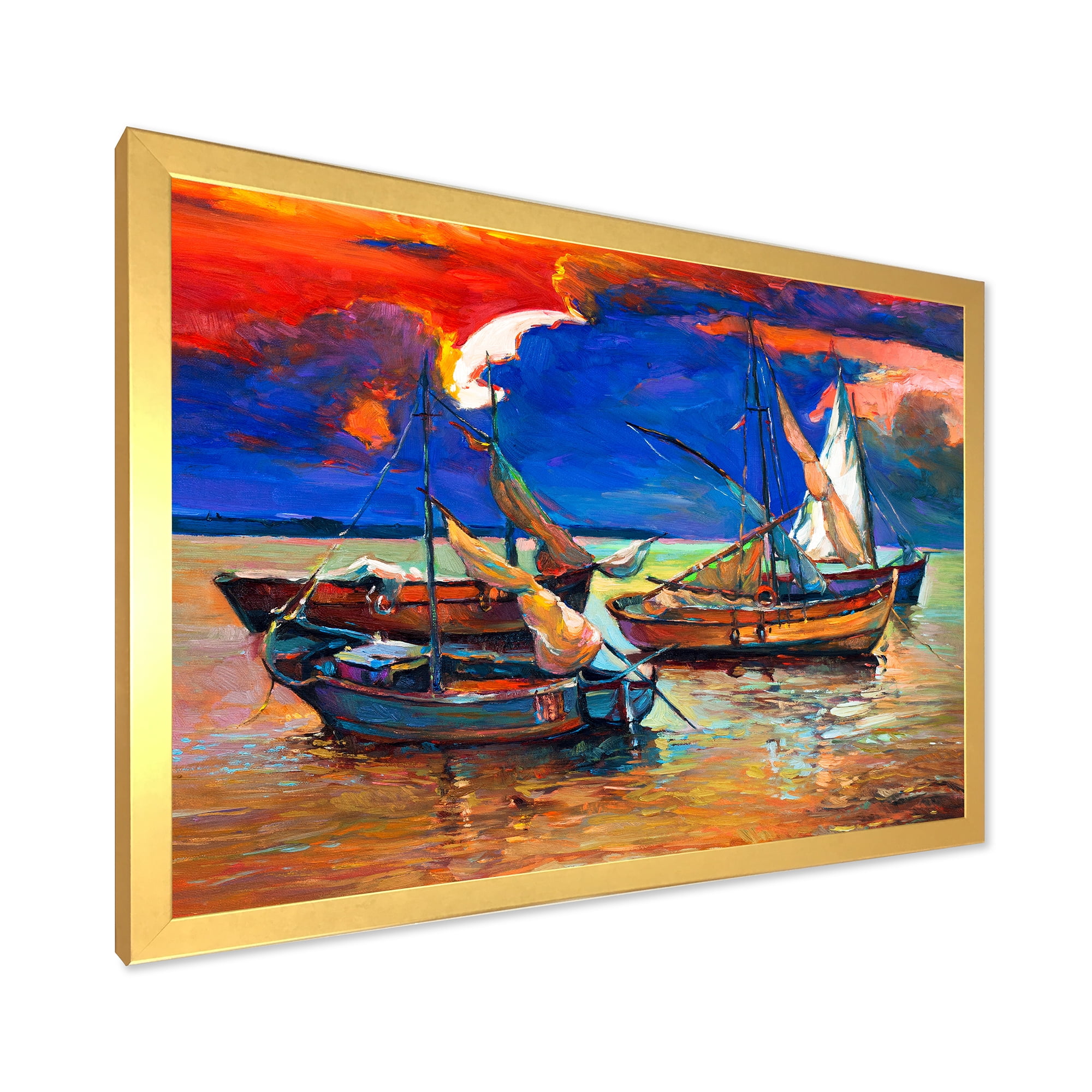 Designart 'Boats On The Water With Dark Blue Sky I' Lake House Framed Art Print