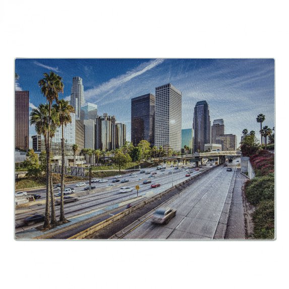 Travel Cutting Board, Downtown Cityscape of Los Angeles California USA Avenue Buildings Palms Print, Decorative Tempered Glass Cutting and Serving Board, Small Size, Blue Grey Green, by Ambesonne