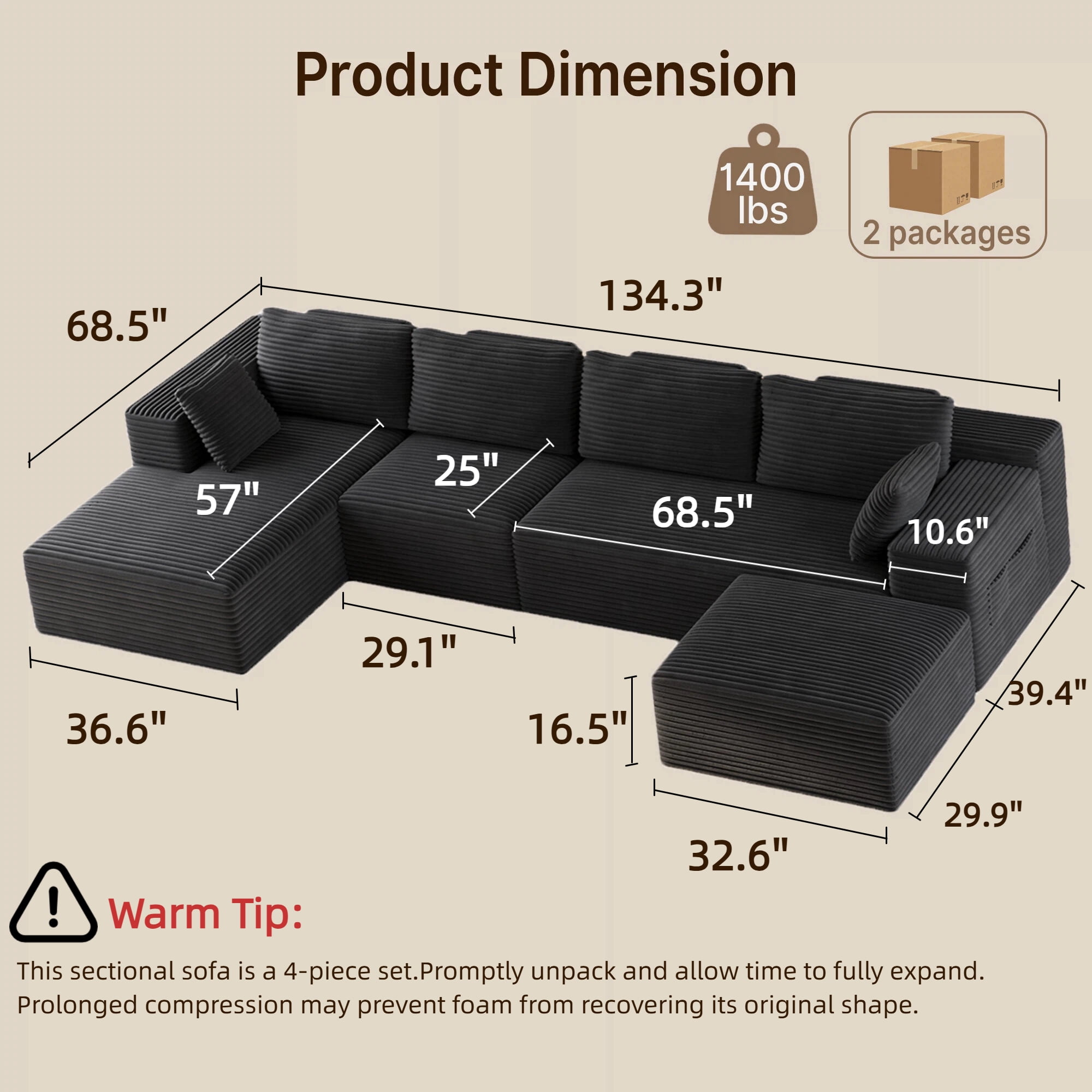 U-Shape Sectional Sofa, Lofka 135'' Modular Sectional Couch with Chaise Lounge, Couch Comfy Corduroy Floor Sofa for Living Room, Corduroy Upholstered 4-Seater Sofa with Pillow Back and Square Arms,