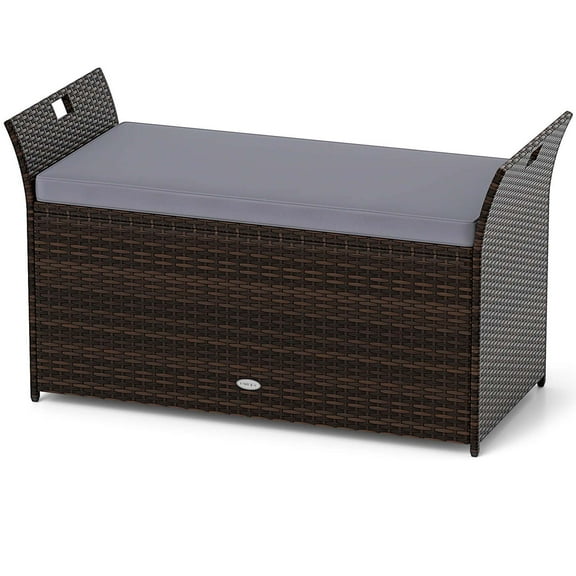 Costway Outdoor Bench with Hand-woven PE Rattan Wicker Cushion & Side Handles Storage Gray