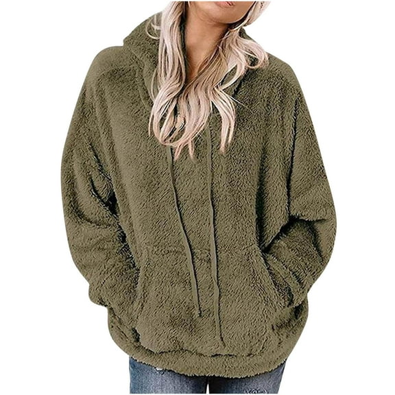 Fesfesfes Women Flannel Coat New Long Sleeve Hooded Jacket Solid Color Pocket Casual Loose Plush Sweater