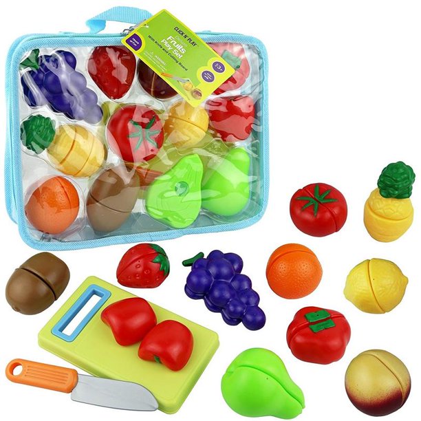 Click n' Play 12 pc Kids Pretend Play Cutting Fruit Toy Set, Food