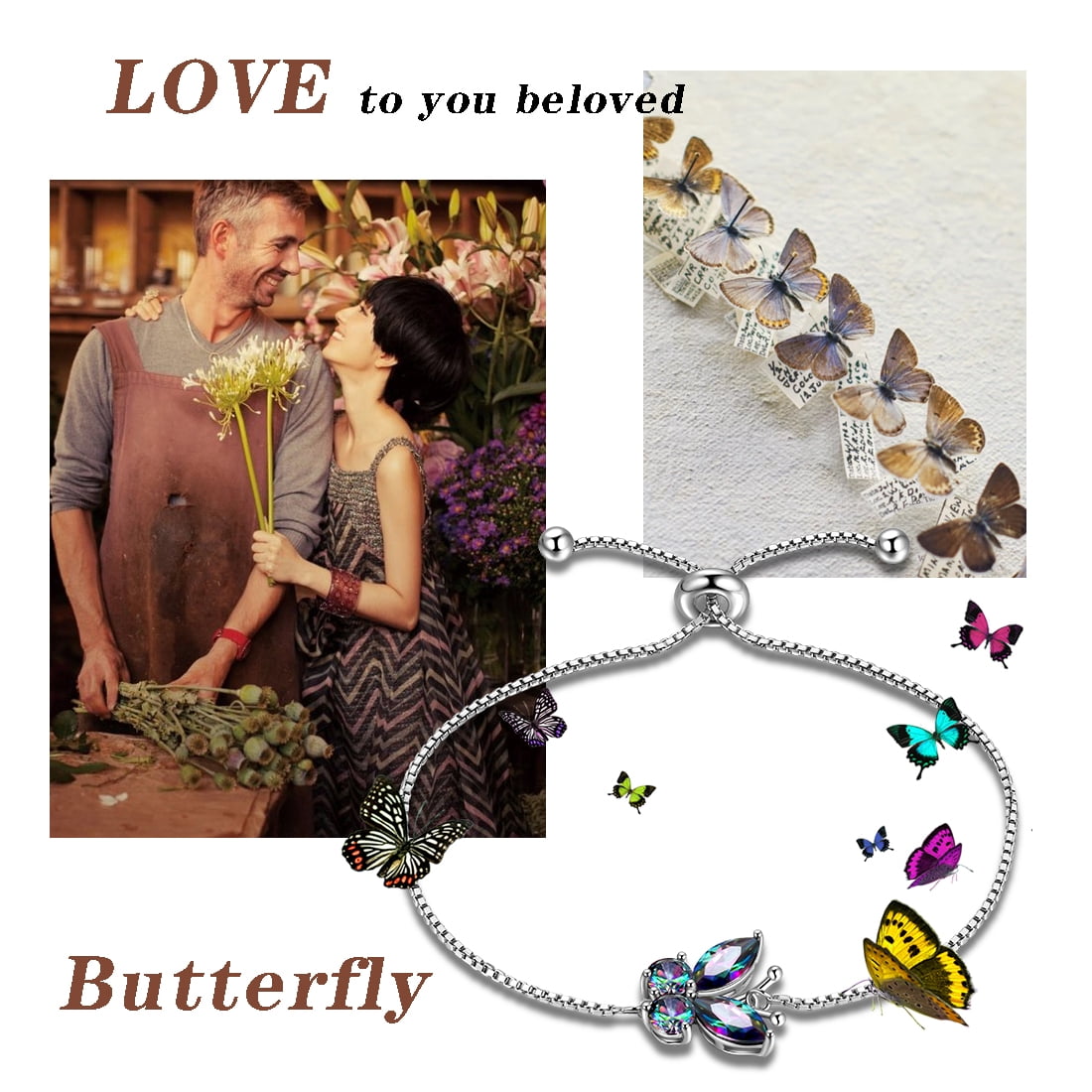 Juwaliy Rainbow Mystic Topaz Bracelets 925 Sterling Silver Butterfly Bracelet Crystal Jewelry Women Christmas Valentines Mothers Day Gift for Her/Wife