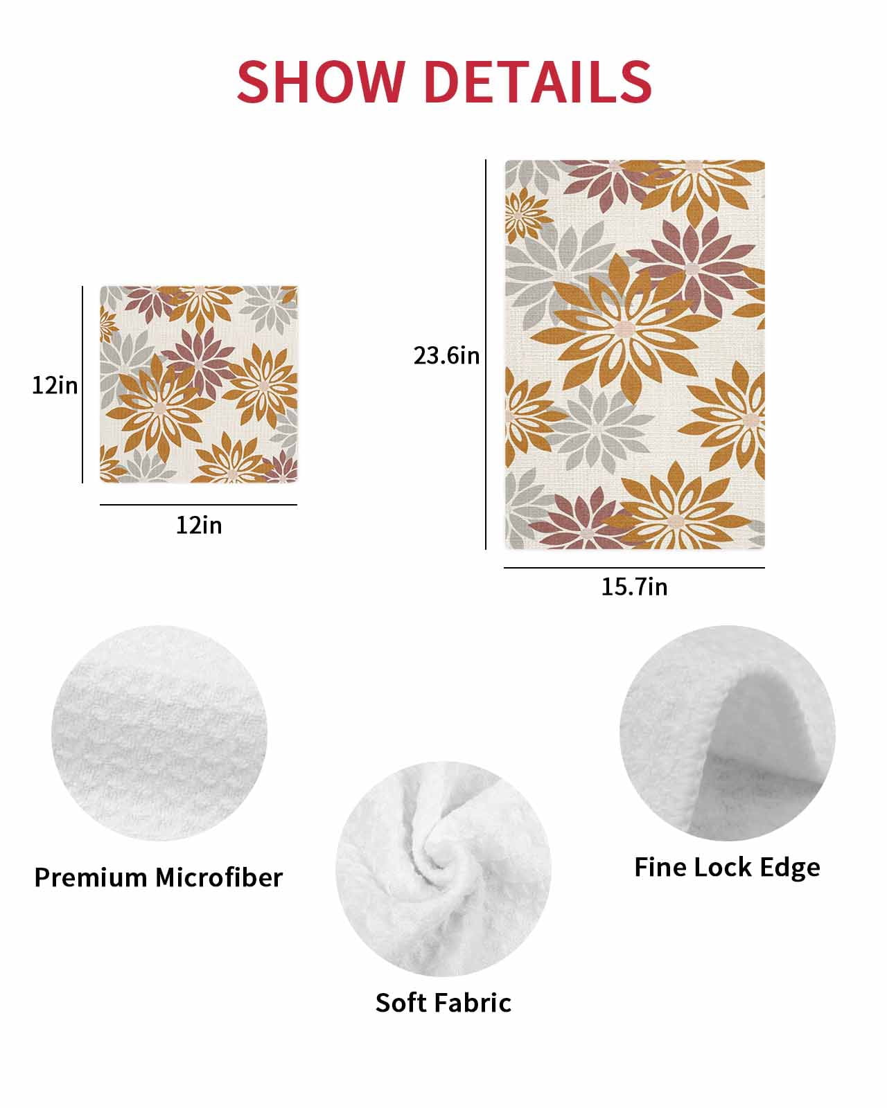 Geometric Flower Kitchen Dish Towels for Drying Dishes Set of 3, Vintage Country Floral Orange Grey on Linen Waffle Weave Microfiber Hand Tea Bathroom Towels Quick Dry & Absorbent Towel 15.7x23.6