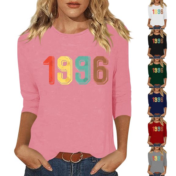 Crew Neck 3/4 Sleeve Tees For Women Casual Loose Stylish Vintage Pullover Tops 1996 Graphic Print T Shirts (XL, Pink)
