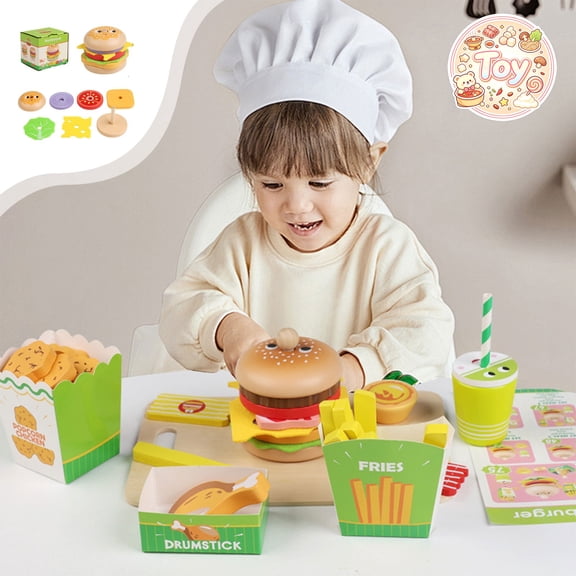 Wooden Hamburger Sandwich Play Food Set with Matching Order Cards, Fast Food Pretend Play Toys, Food Building Role Play Kit, Christmas Birthday Gifts, Toys for Toddler Baby Kids Boys Girls, Age 3
